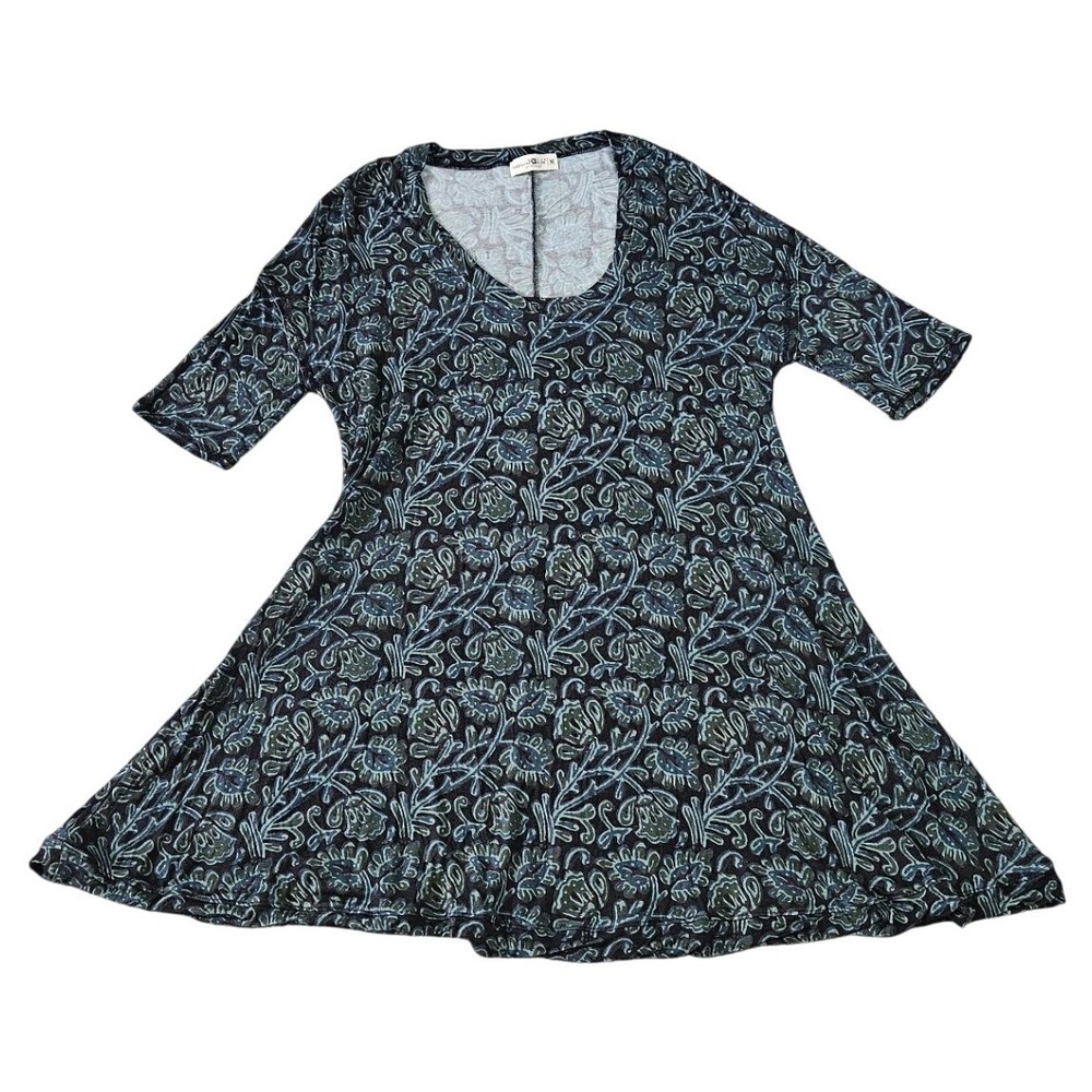 Natural Life Teal Floral Boho Swing Dress Womens Medium Short Sleeve Scoop Neck